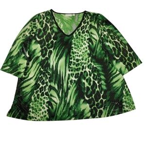 Susan Graver V-neck Pullover Animal Print 3/4 Sleeve Green Tunic Top Size 3X